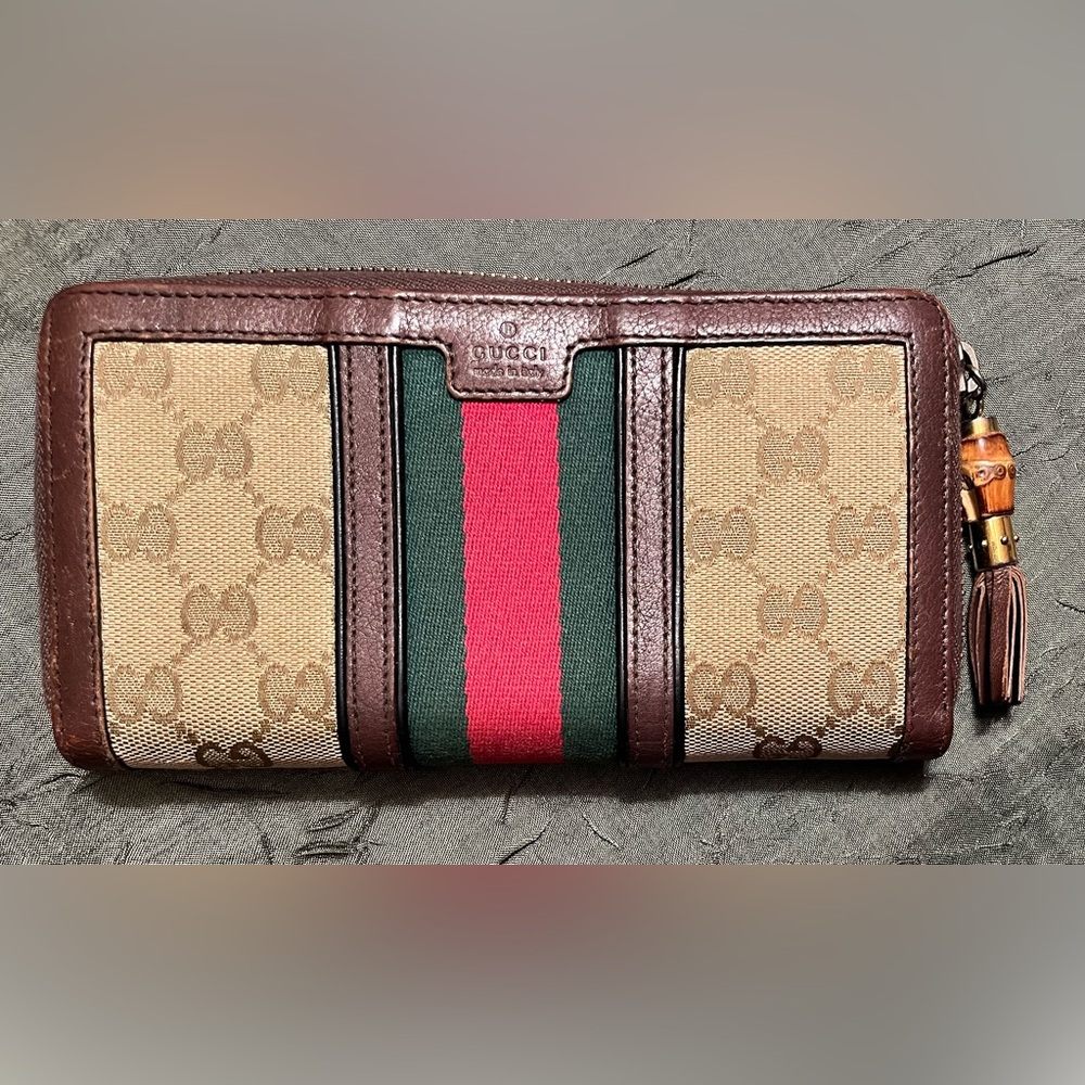 Gucci GG Web Mono Zip Around Wallet, Tan
